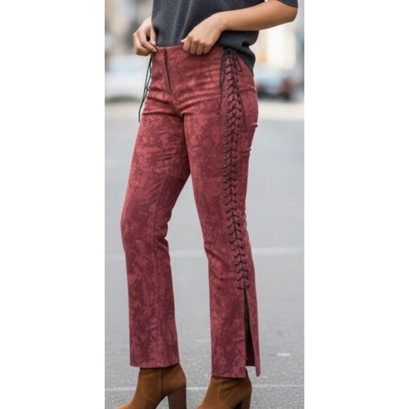 Vintage 90s Bebe Suede Leather Side Lace Up Mid Rise Pants Size 4 Bottom Slits - Picture 1 of 13